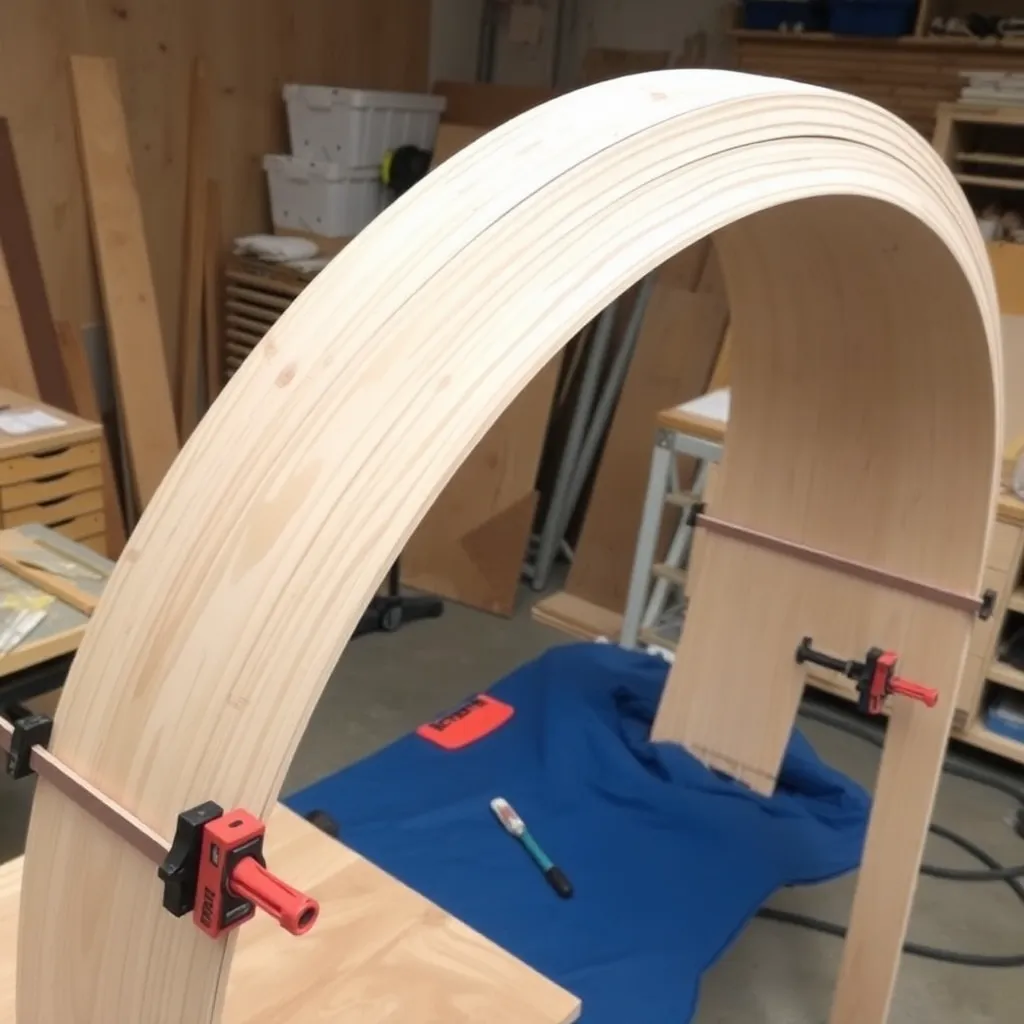 Laminating thin wood strips around a curved form to build the arch top for a DIY wedding arch