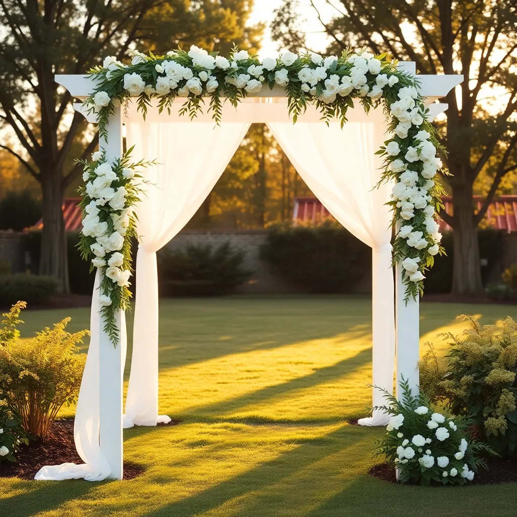 Beautiful finished white DIY wooden wedding arch decorated with white flowers and greenery in a garden