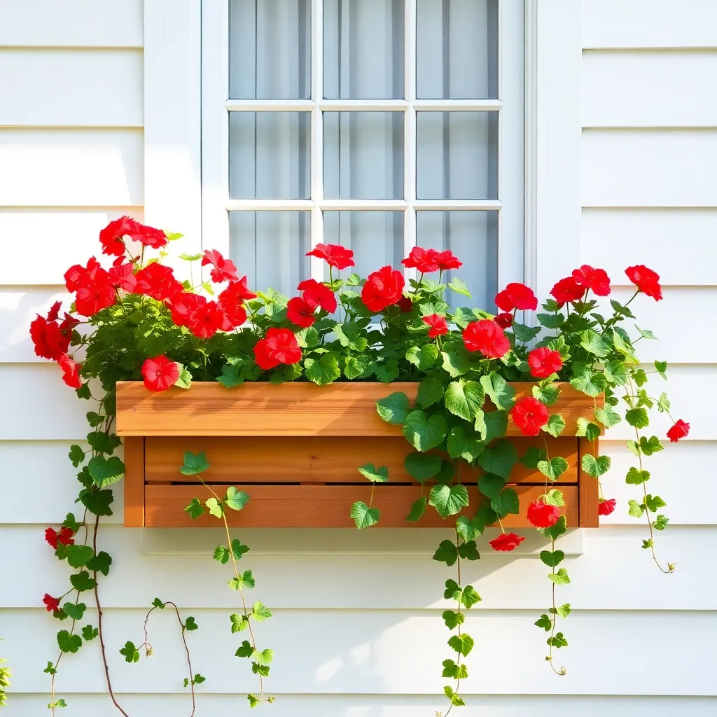 DIY cedar window box planter with geraniums and trailing ivy below a cottage window