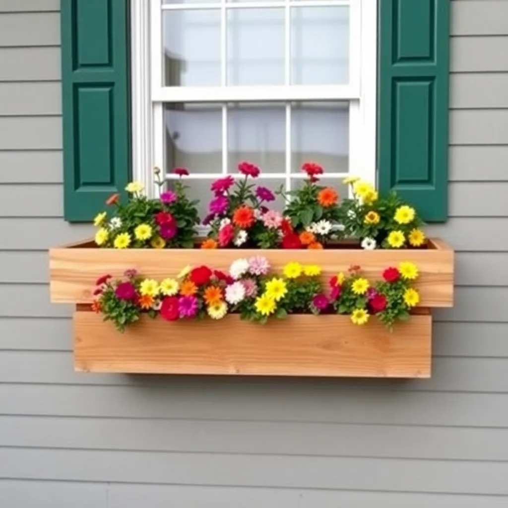 DIY cedar window box planter with colorful flowers mounted below a window