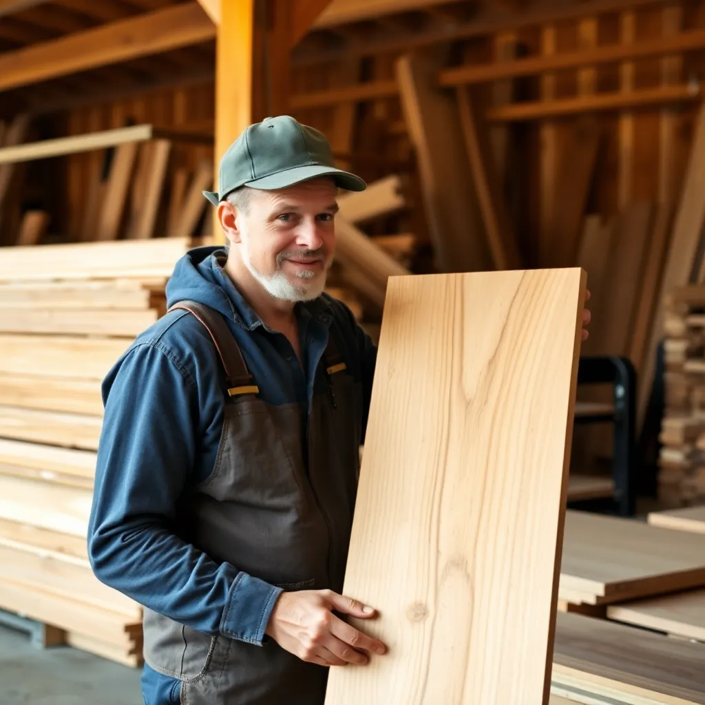 Woodworker selecting cedar heartwood boards at a lumber yard