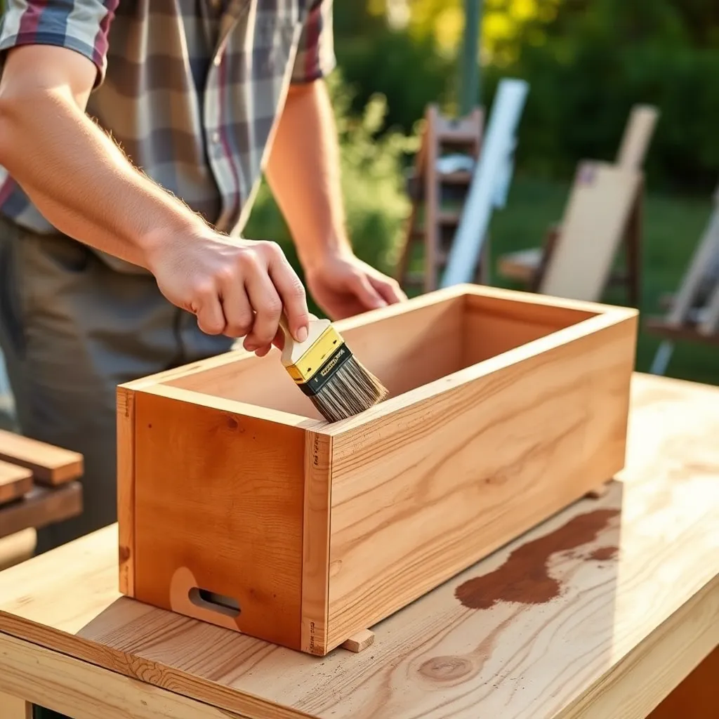 Applying exterior finish to a cedar window box planter