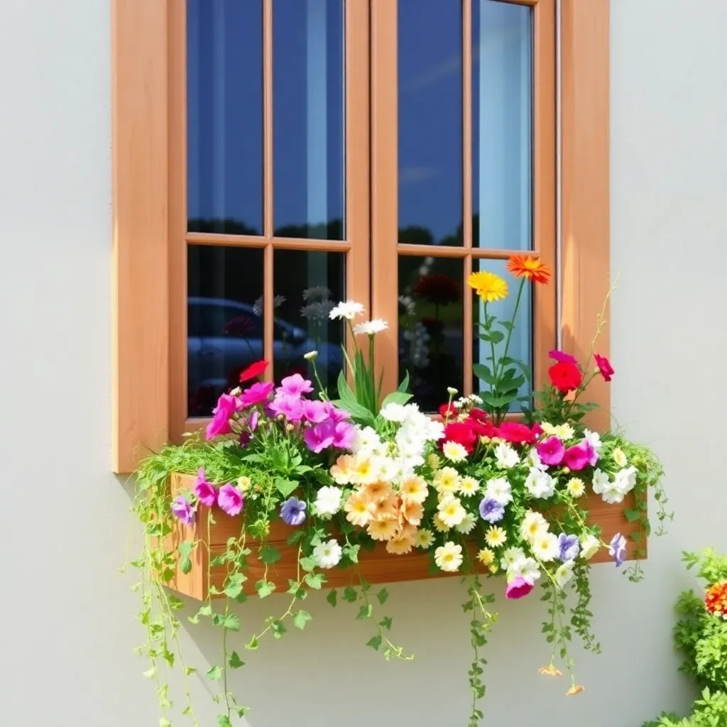 Finished cedar window box planted with colorful flowers below a cottage window