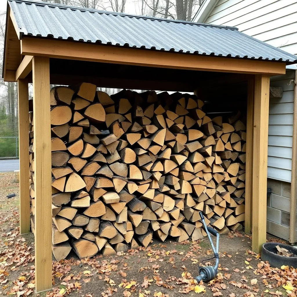 Neatly stacked cord of split firewood in open-sided wood shed with corrugated metal roof in autumn