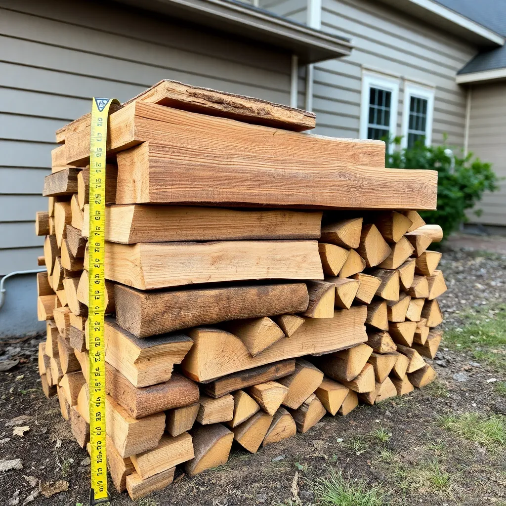 Full cord of stacked split firewood showing 4x4x8 foot dimensions with tape measure near house