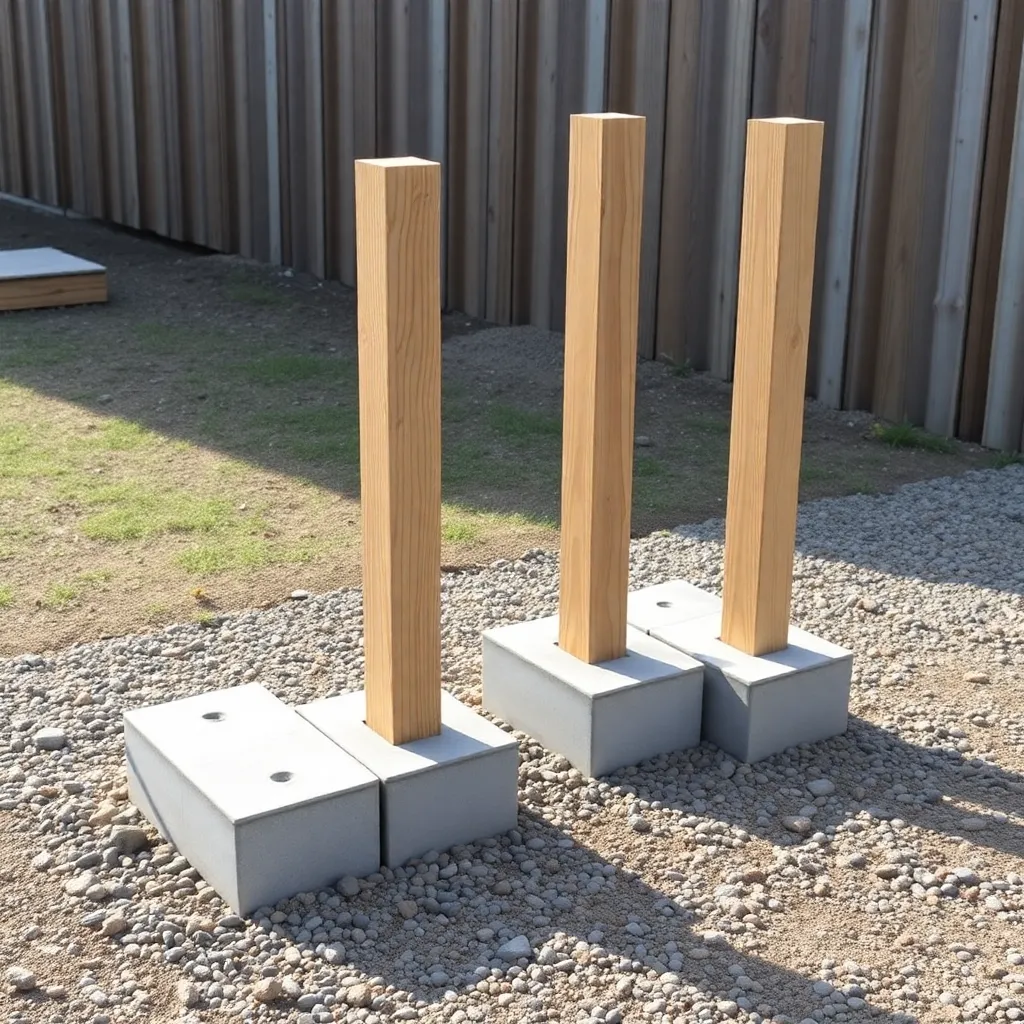 Four pressure-treated 4x4 posts in deck blocks with taller rear posts and shorter front posts being leveled