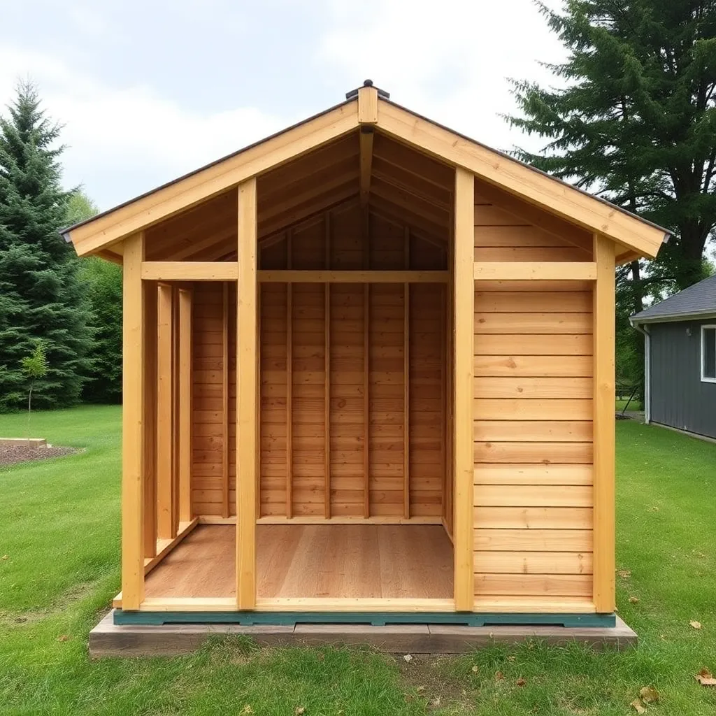 2x4 back wall framed between rear posts of wood shed with T1-11 siding applied sides left open
