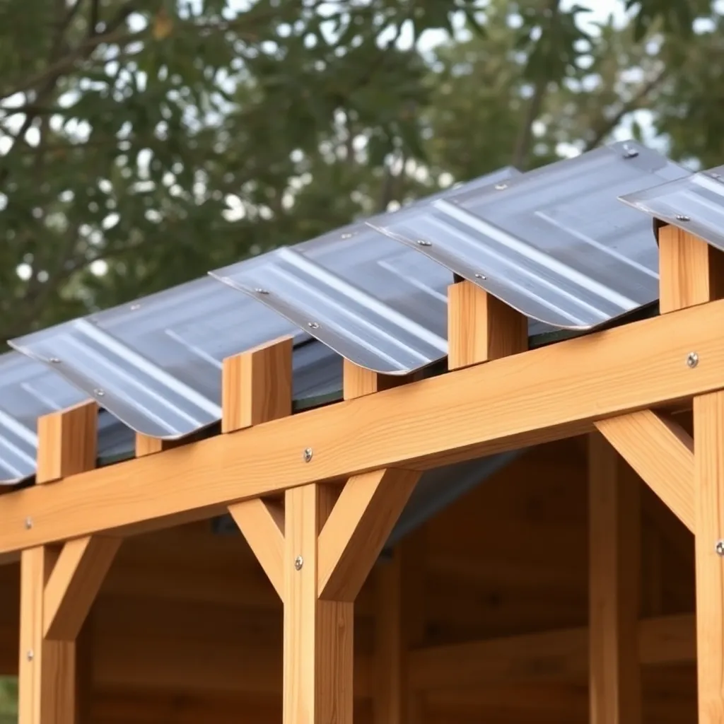 Corrugated galvanized metal roof panels being screwed to 2x4 purlins on wood shed with rubber washer screws