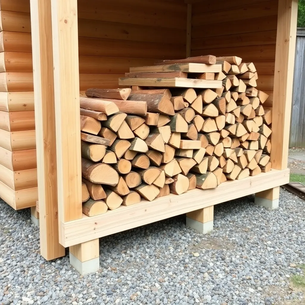Pressure-treated bottom rails on gravel with first course of split firewood being stacked bark-down