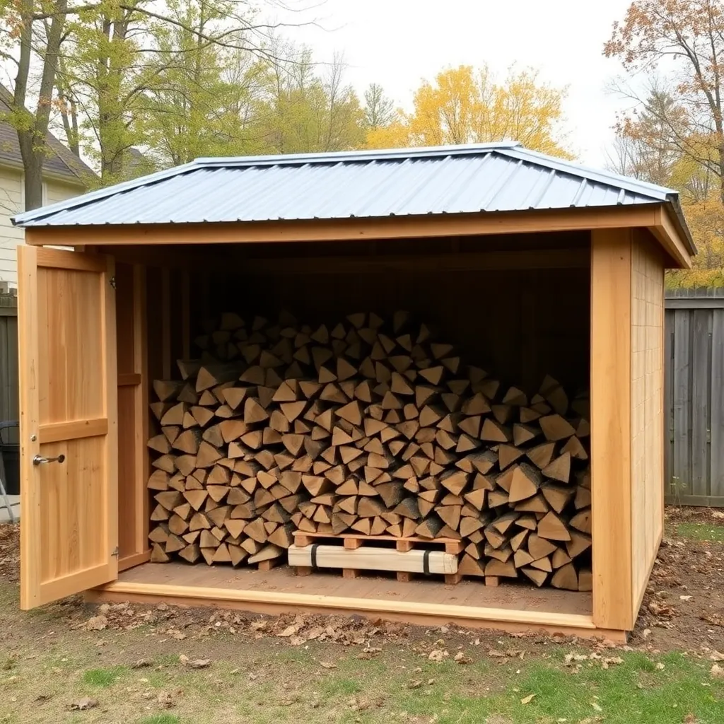 Completed 4x8 wood shed filled with neatly stacked firewood under corrugated metal roof in backyard