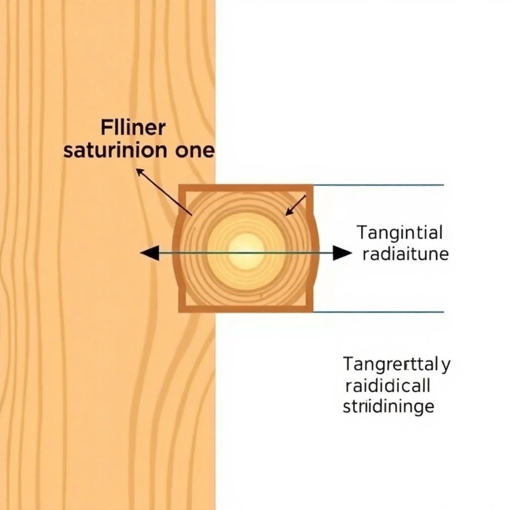 Cross-section diagram showing wood fiber saturation point and moisture-driven shrinkage causing warping