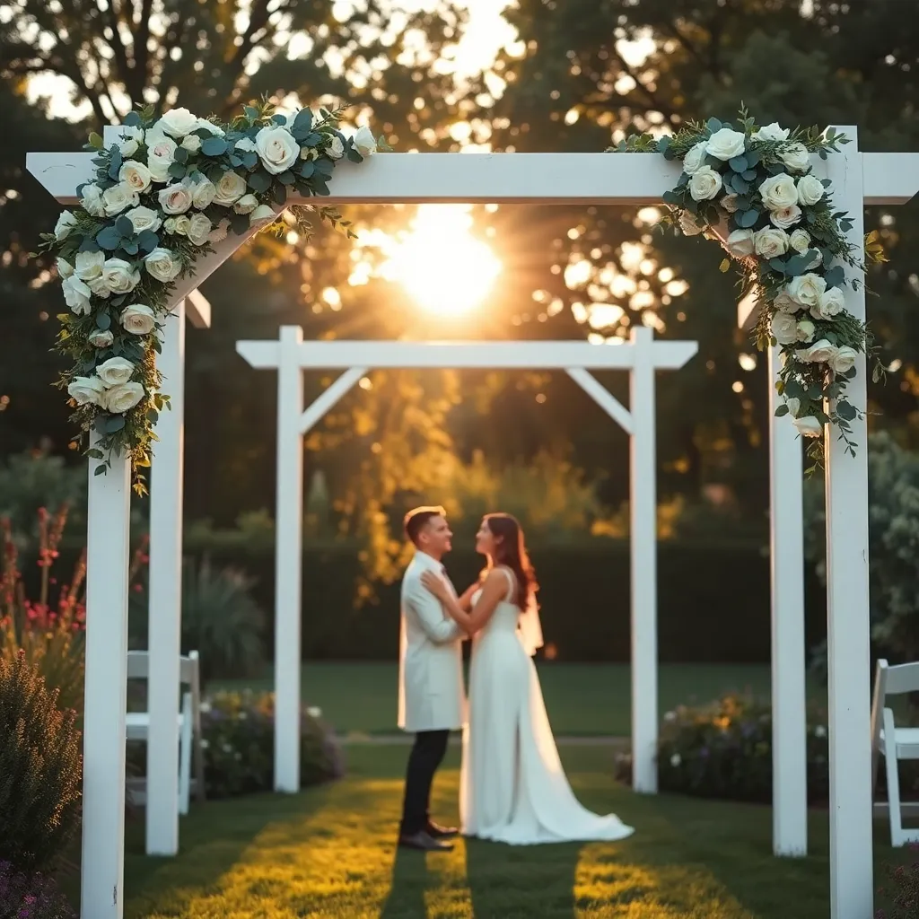 Stunning white DIY wooden wedding arch decorated with white roses and greenery at a garden ceremony