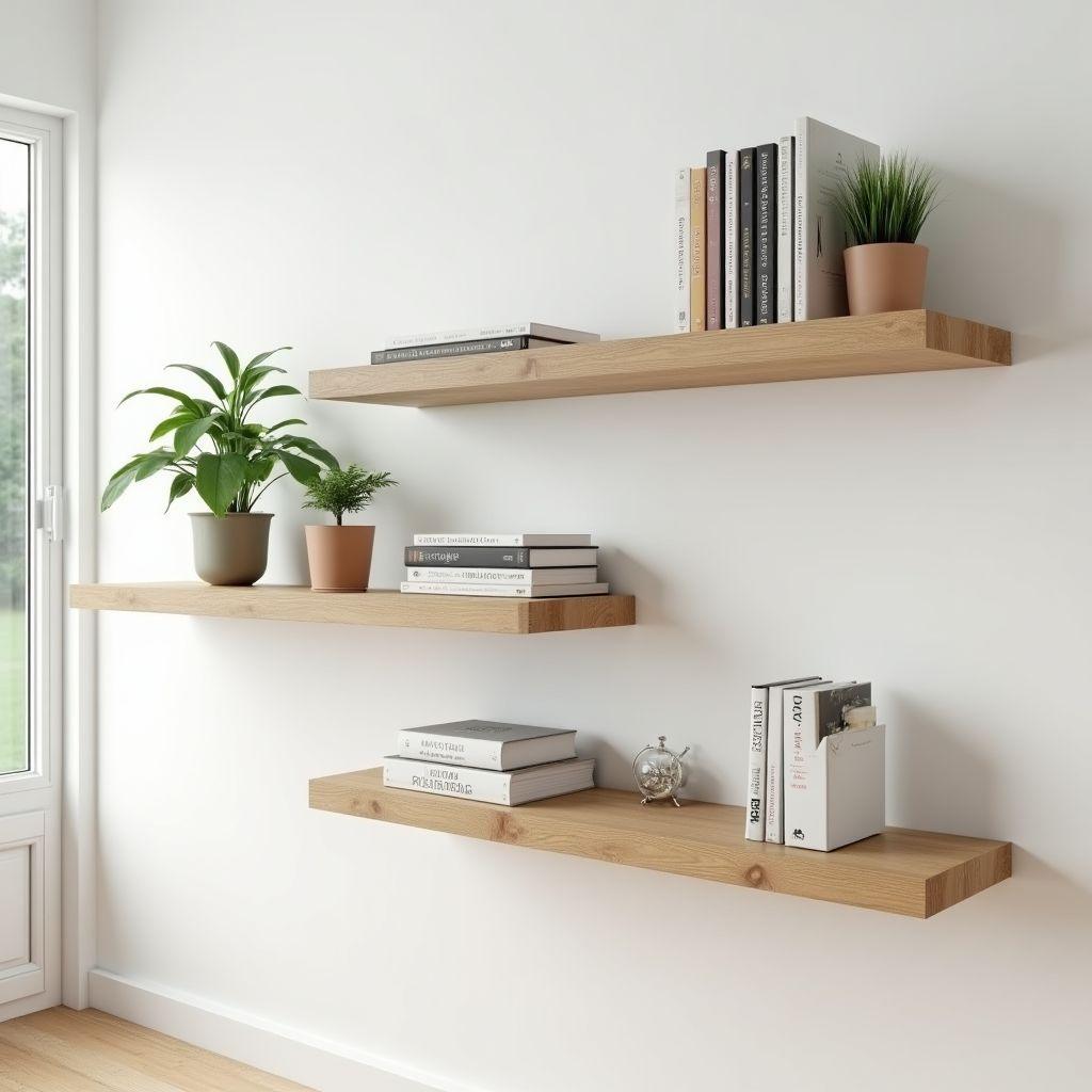 Beautiful minimalist floating wood shelves made from white oak mounted on a white wall in a modern living room