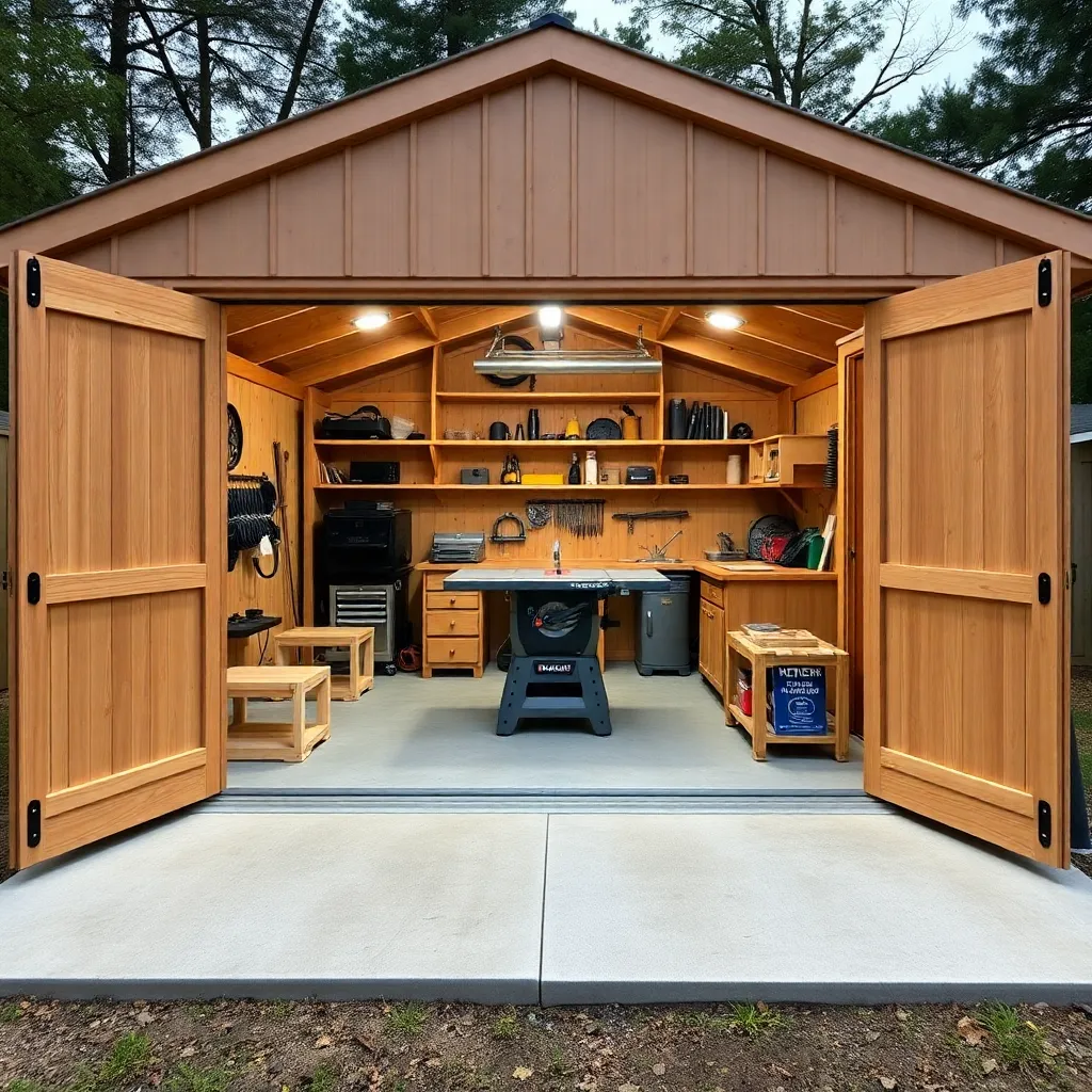Large 14x20 workshop shed with double doors open showing complete woodworking shop with table saw inside