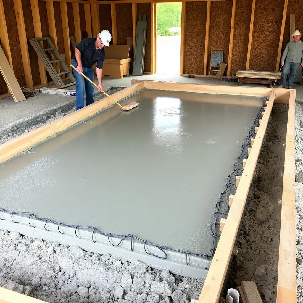 14x20 concrete slab being poured and screeded in forms with wire mesh and workers using bull float