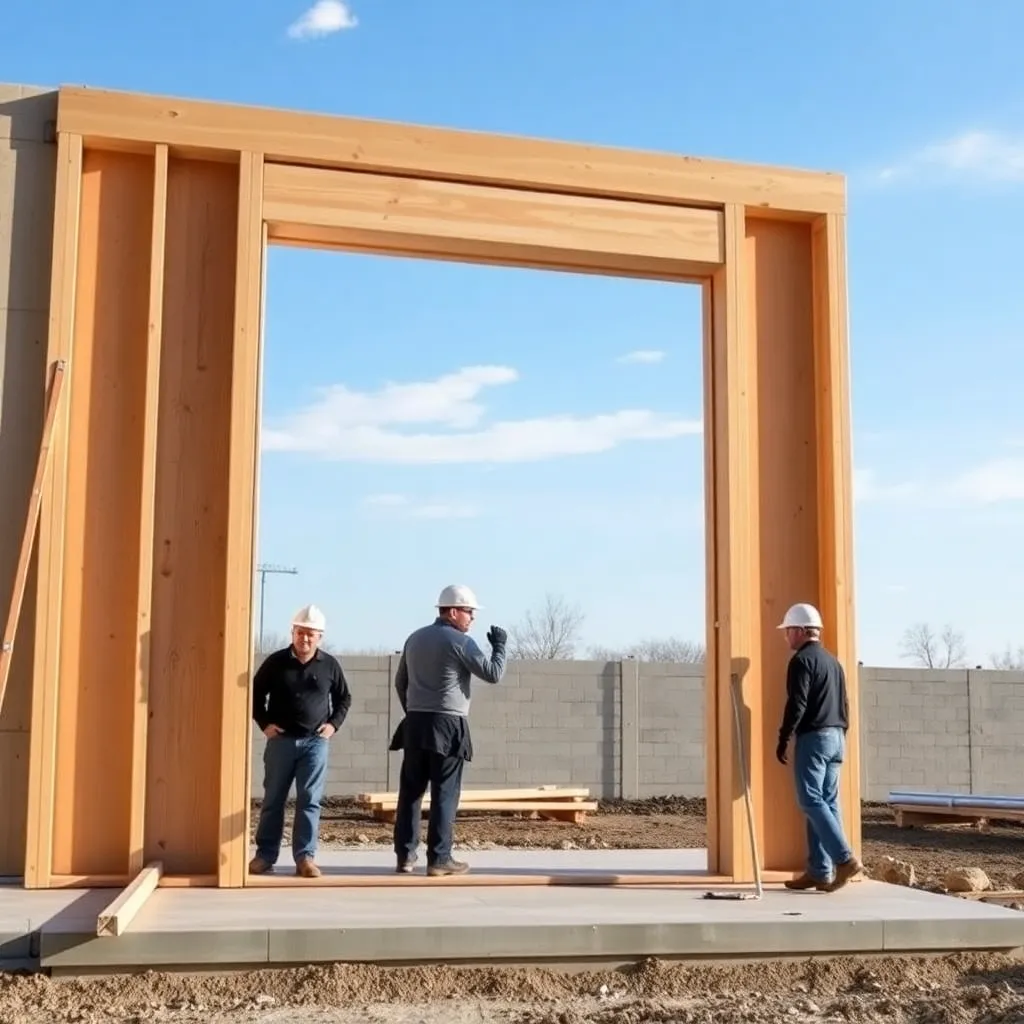 10-foot workshop shed wall with 9-foot double door opening and tripled 2x12 header being tipped upright