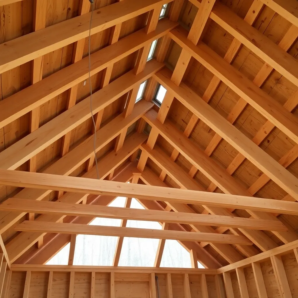 2x10 rafters on workshop shed at 24-inch spacing with exposed rafter construction and ridge vent gap