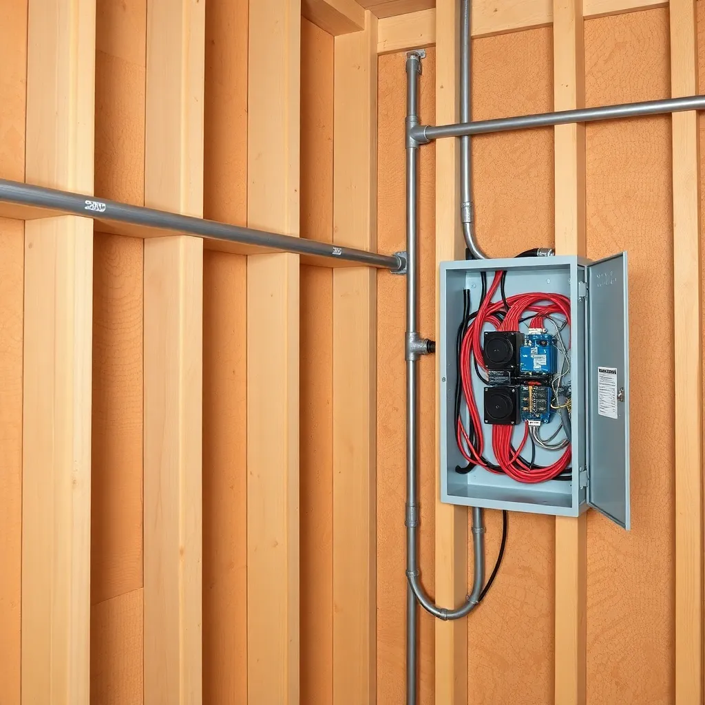 EMT conduit being surface-mounted on workshop shed wall studs with 60-amp subpanel being wired