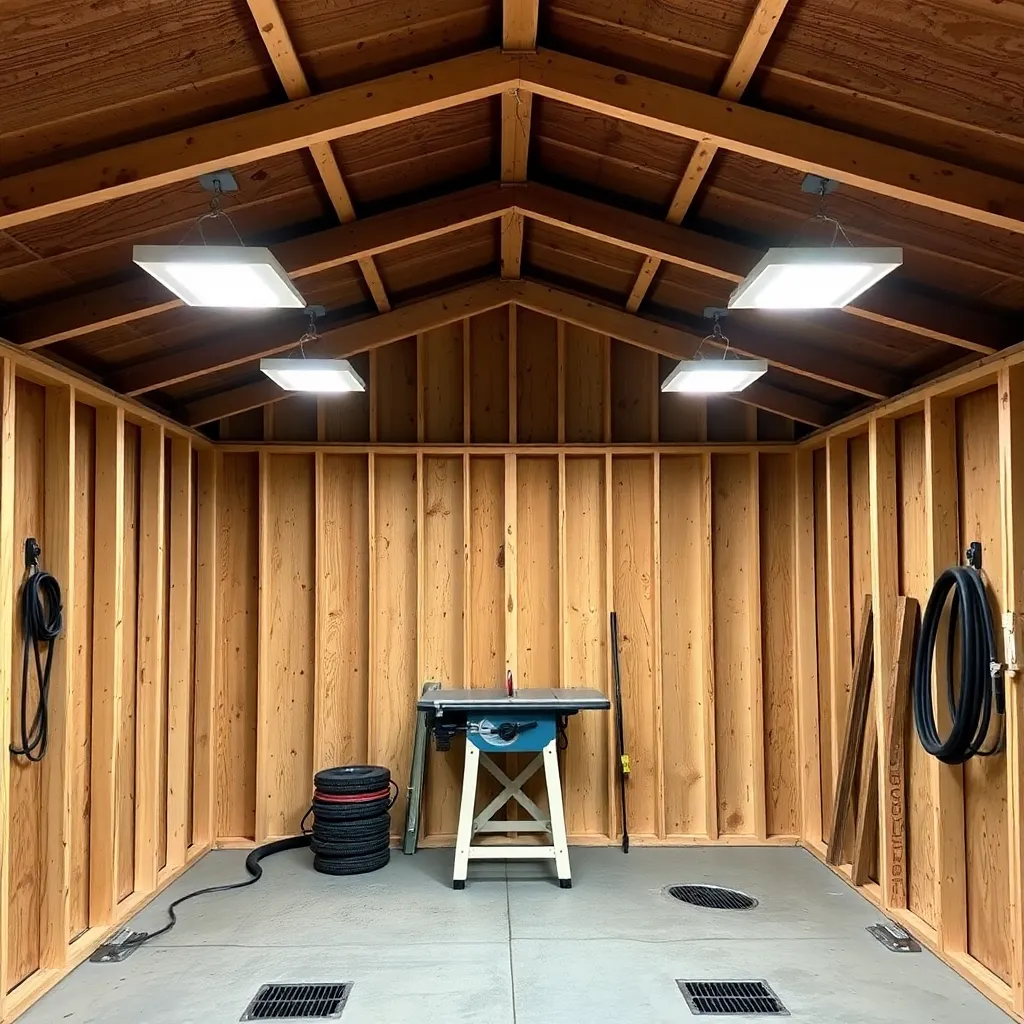 Workshop shed interior with LED shop lights on exposed rafters concrete floor table saw and workbench