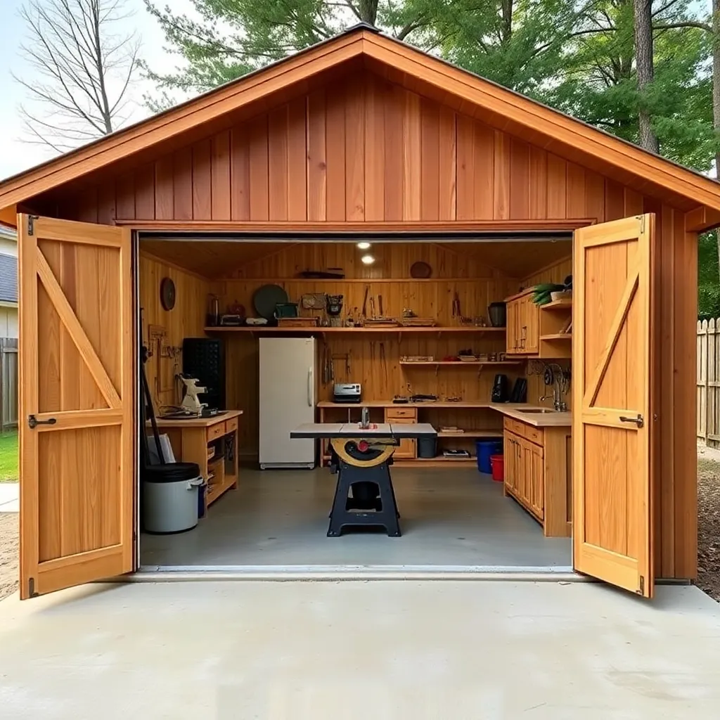 Completed workshop shed with double doors open showing table saw dust collector and workbench inside
